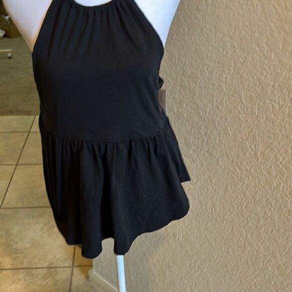 American Eagle Women's S Halter Neck Keyhole Back Peplum Tank Solid Black New - Picture 1 of 8